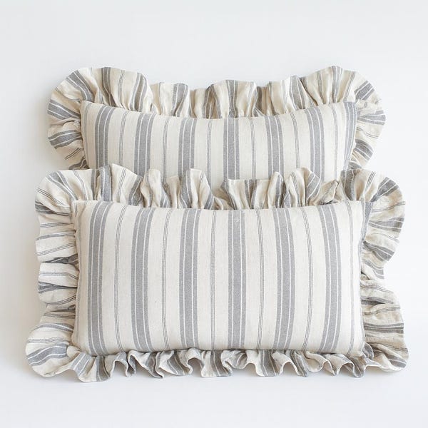 Handmade Striped Cotton Pillow Cover – Ruffled Throw Cushion