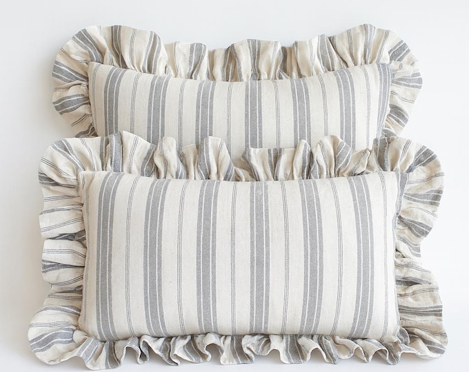 Handmade Striped Cotton Pillow Cover – Ruffled Throw Cushion