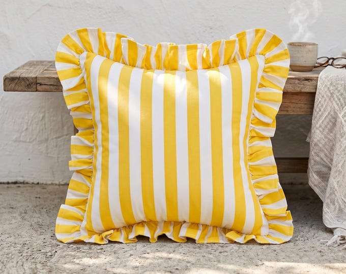 Outdoor Pillow – Water Repellent Cottagecore Decor - Pastel Stripe Ruffle Cushion - Poolside Seating Pillow