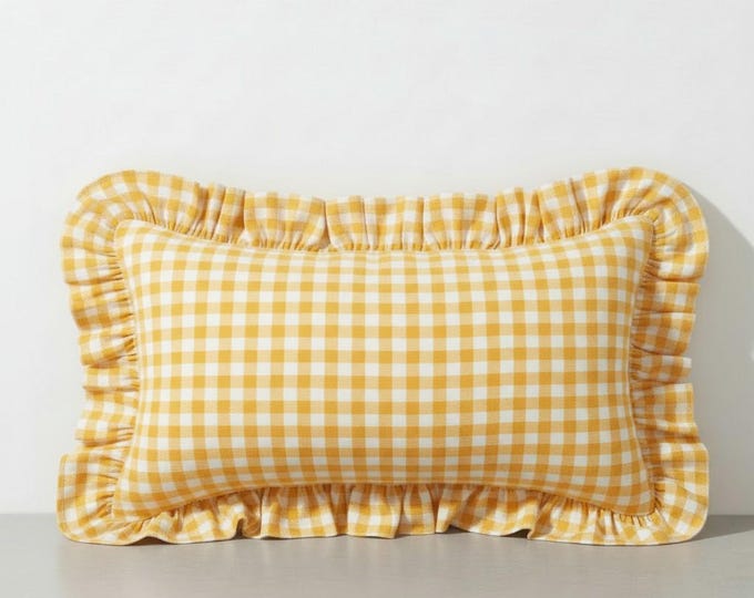 Gingham Pillow Cover - Ruffled Gingham Cushion - Cottagecore Farmhouse Decor - Multiple Color Options