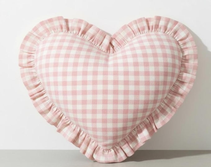 Ruffled Linen Gingham Heart Pillow Cover - Heart Cushion - Bohemian Home Decor