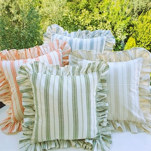 Bohemian Linen Striped Pillow Cover with Frill Edge