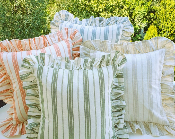 Bohemian Frill Linen Striped Pillow Cover - Different Color Options With Frill Edges - Hello Mello Store