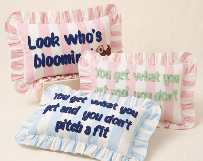 Personalized Embroidered Throw Pillow – Ruffled Striped Cushion - Custom Quote Decor - Handmade Punch Pillow