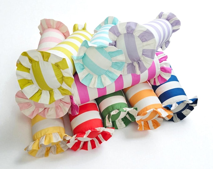 Handmade Striped Linen Bolster Pillow - Ruffle Edge Cushion - Cylinder Home Decor