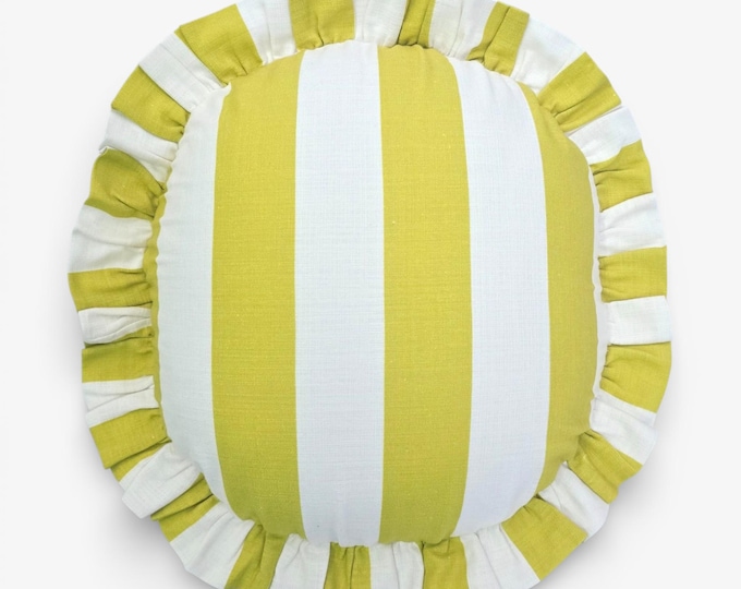 Handmade Round Ruffled Linen Pillow – Circle Cushion - Striped Boho Accent Cushion