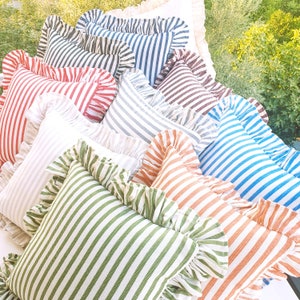 Bohemian Linen Striped Pillow Cover with Frill Edges