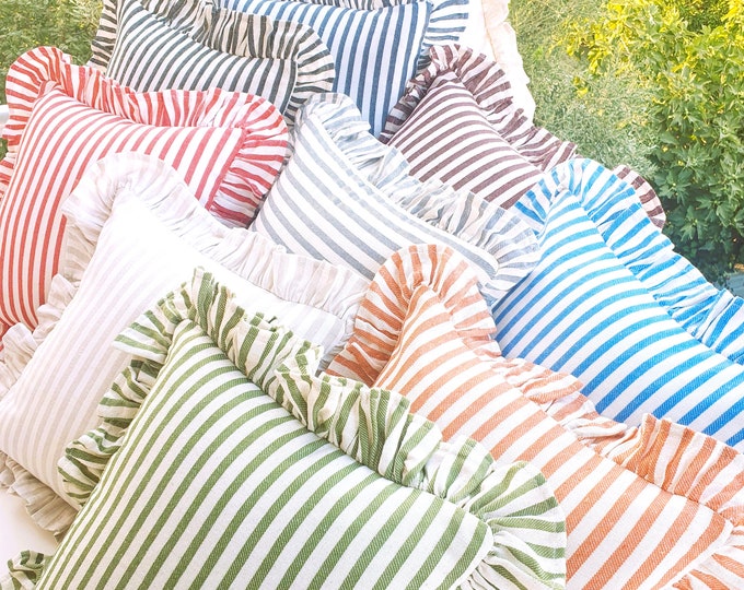 Bohemian Frill Linen Striped Pillow Cover - Different Color Options With Frill Edges - Hello Mello Store