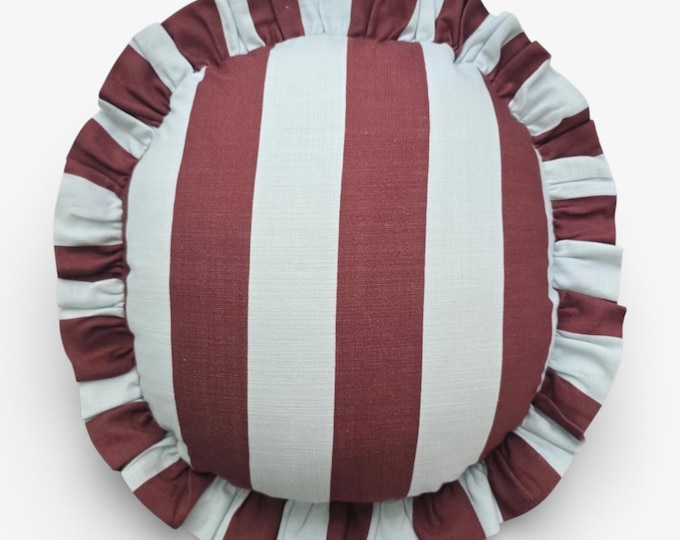 Handmade Round Ruffled Linen Pillow – Circle Cushion - Striped Boho Accent Cushion