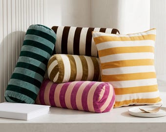 Handmade Striped Velvet Bolster Pillow – Colorful Cylinder Cushion