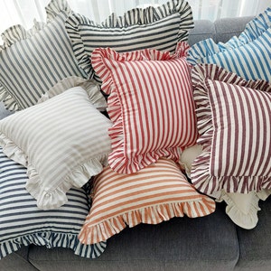 Bohemian Linen Striped Pillow Cover with Frill Edge
