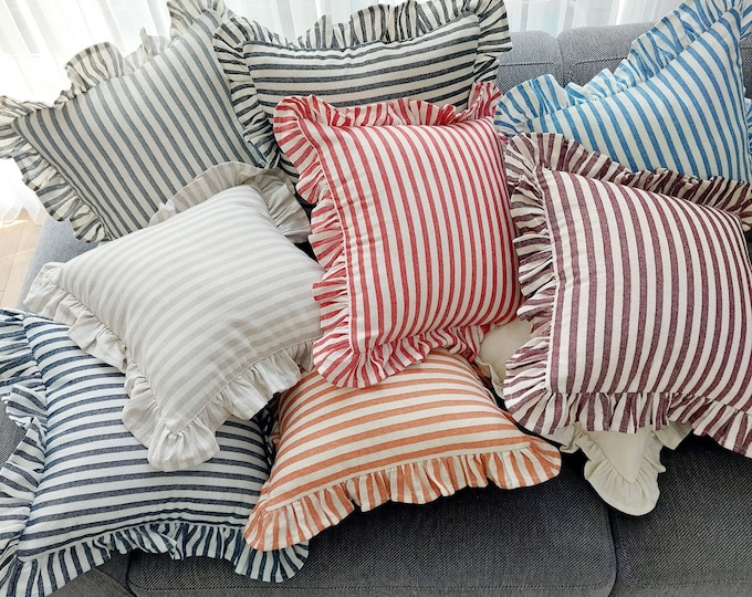 Bohemian Frill Linen Striped Pillow Cover - Different Color Options With Frill Edges - Hello Mello Store