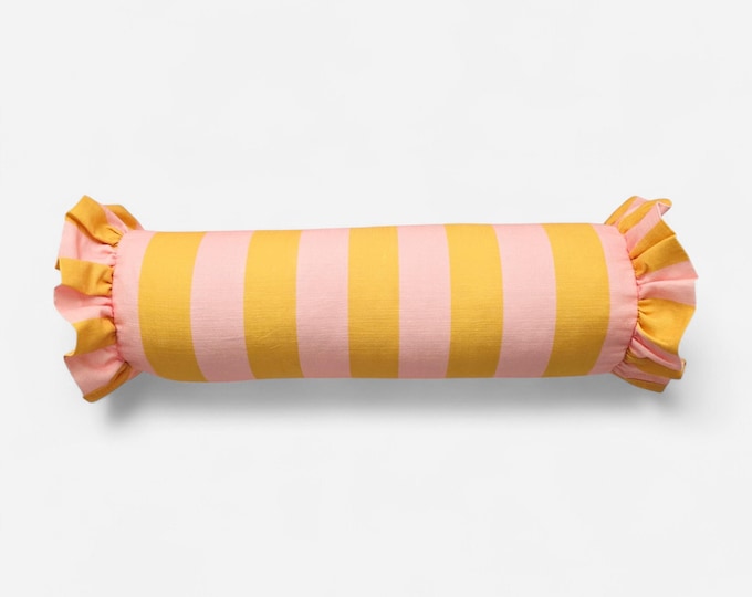 Striped Bolster Pillow Cover with Ruffles - Colorful Handmade Decorative Cushion - Candy Style Decor