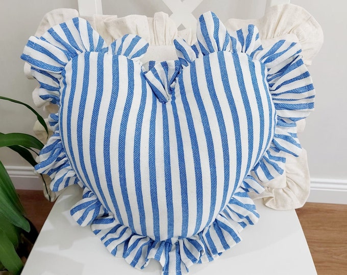 Bohemian Frill Linen Striped Pillow Cover - Striped Heart Pillow - Heart Pillow - Color Options With Frill Edges - Hello Mello Store