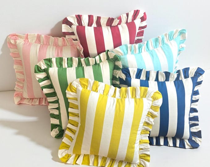 Bohemian Striped Linen Pillow with Ruffles - Frilled Cushion - Modern and Farmhouse Chic Decor - Multicolor