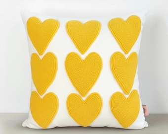 Hand Embroidered Heart Pillow Cover – Handmade Punch Needle Cushion – Valentine Decor - Gift For Her