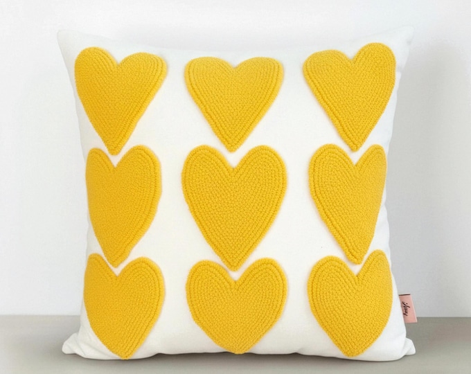 Hand Embroidered Heart Pillow Cover – Handmade Punch Needle Cushion – Valentine Decor - Gift For Her
