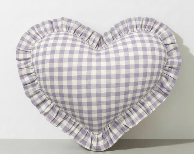 Ruffled Linen Gingham Heart Pillow Cover - Heart Cushion - Bohemian Home Decor
