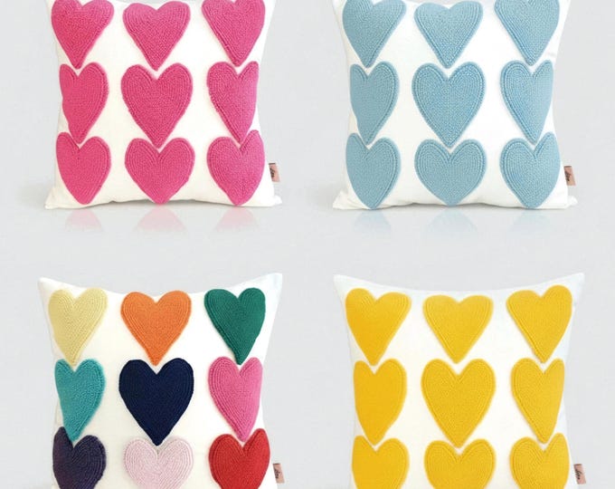 Hand Embroidered Heart Pillow Cover – Handmade Punch Needle Cushion – Valentine Decor