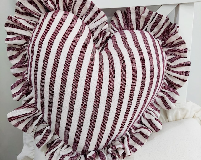 Bohemian Frill Linen Striped Pillow Cover - Striped Heart Pillow - Heart Pillow - Color Options With Frill Edges - Hello Mello Store