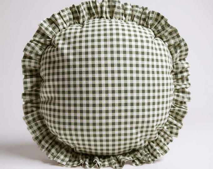 Frill Linen Gingham Pillow Cover - Circle Pillow - Different Color Options With Frill Edges - Hello Mello Store