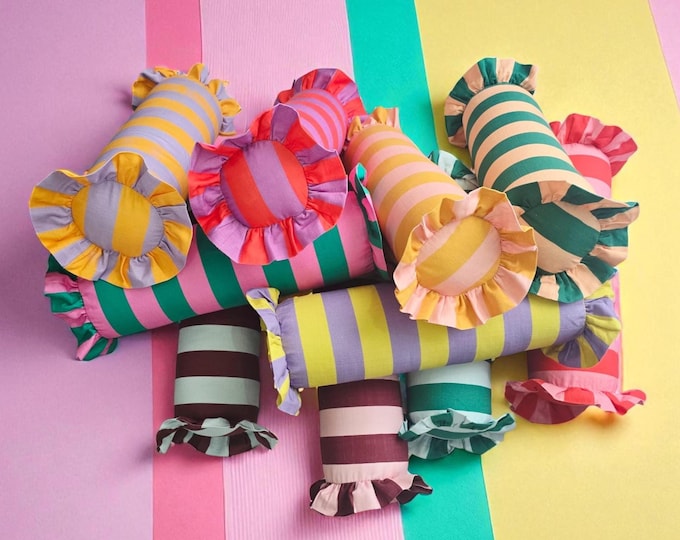 Handmade Striped Linen Bolster Pillow - Ruffle Edge Cushion - Cylinder Home Decor