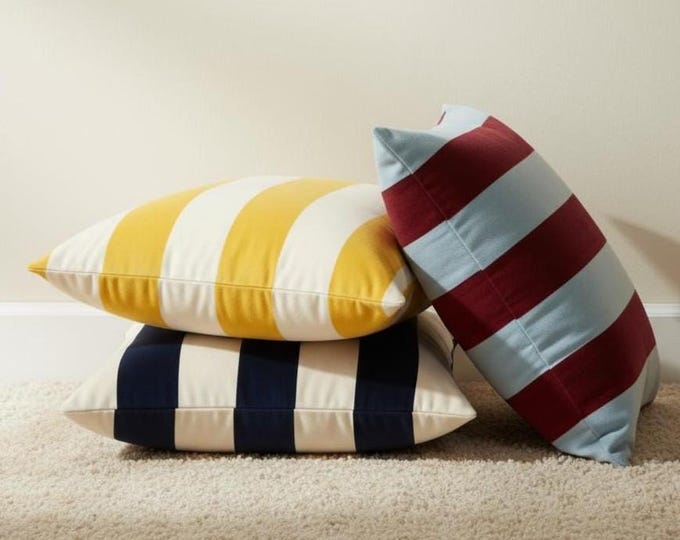 Striped Velvet Pillow Cover – Handmade Two-Tone Cushion - Throw Pillow