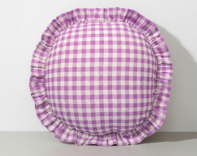 Gingham Round Ruffle Pillow - Plaid Chair Pad - Cottage Style Seat Cushion