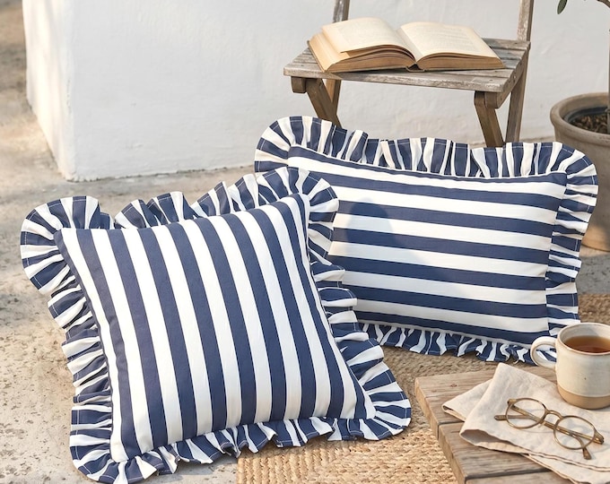 Outdoor Pillow Cover – Pastel Stripe Ruffle Cushion - Water Repellent Cottagecore Accent