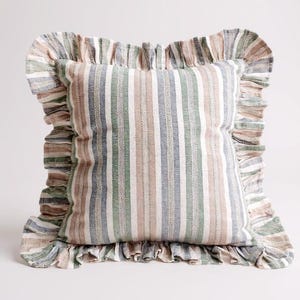 Bohemian Linen Striped Pillow Cover: Anthracite & Beige Fringed Edges