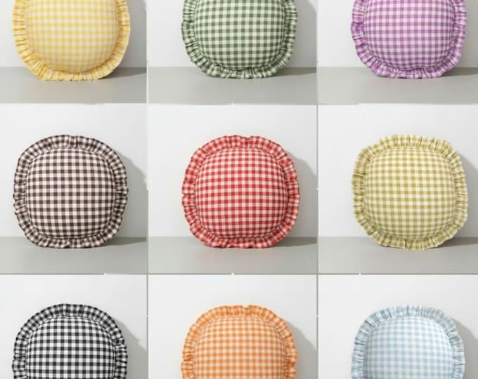 Gingham Round Ruffle Pillow - Plaid Chair Pad - Cottage Style Seat Cushion