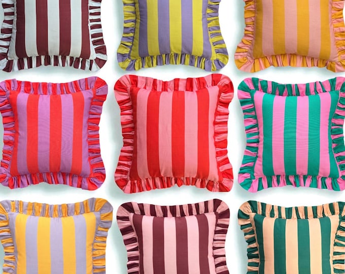 Bohemian Striped Linen Pillow with Ruffles - Frilled Cushion - Modern and Farmhouse Chic Decor - Multicolor