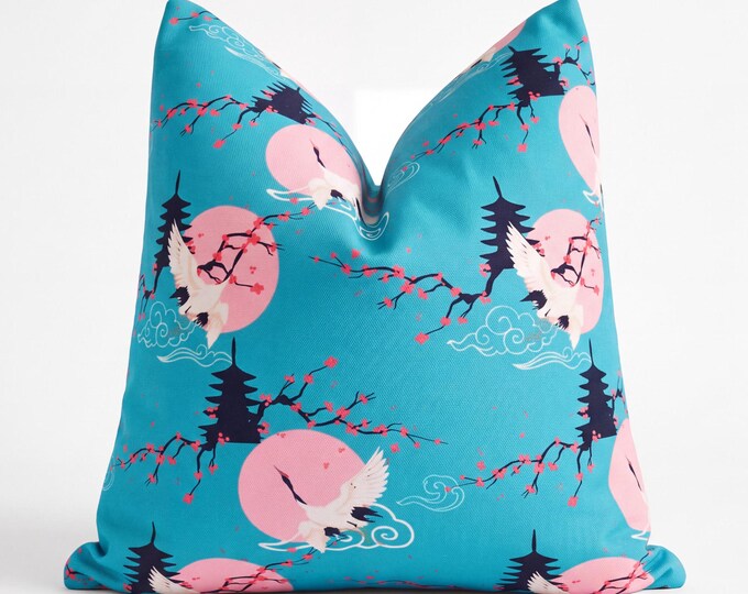 Chinoiserie Pagoda Pillow – Asian Botanical Crane Decor