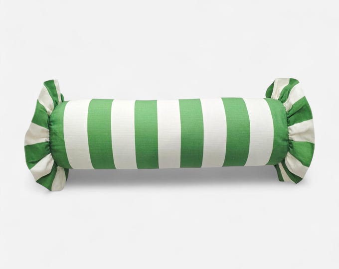 Striped Bolster Pillow Cover with Ruffles - Colorful Handmade Decorative Cushion - Candy Style Decor