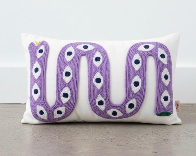 Handmade Snake Pillow Cover - Punch Embroidered Boho Cushion - Colorful Decorative Throw Pillow