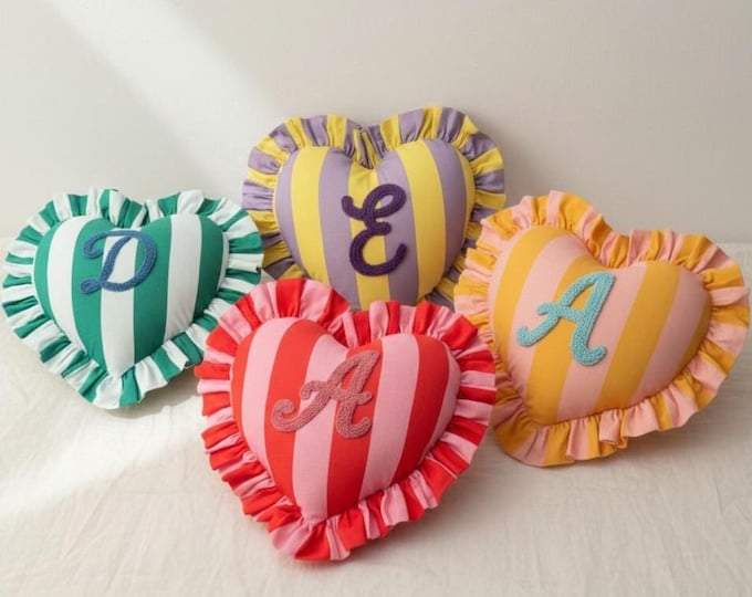 Custom Ruffle Heart Cushion – Personalized Heart Pillow with Initial