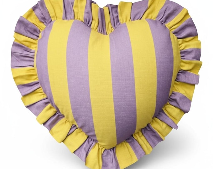 Colorful Ruffle Heart Pillow – Handmade Linen Striped Cushion