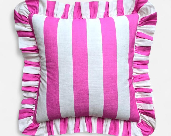 Bohemian Striped Linen Pillow with Ruffles - Ruffled Cushion - Modern and Farmhouse Chic Decor