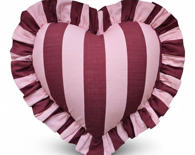 Colorful Ruffle Heart Pillow – Handmade Linen Striped Cushion