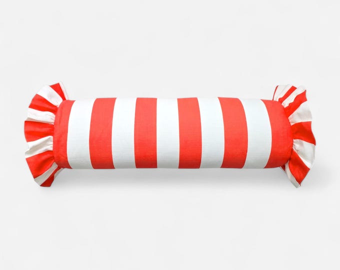 Striped Bolster Pillow Cover with Ruffles - Colorful Handmade Decorative Cushion - Candy Style Decor