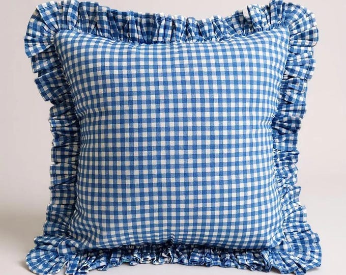 Bohemian Frill Linen Gingham Pillow Cover - Gingham Pillow - Ruffle Pillow Cover - Color Options With Frill Edges - Hello Mello Store