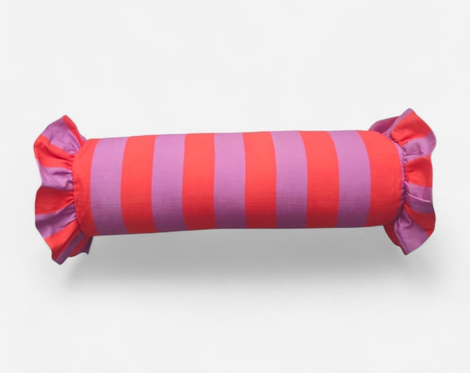 Striped Bolster Pillow Cover with Ruffles - Colorful Handmade Decorative Cushion - Candy Style Decor