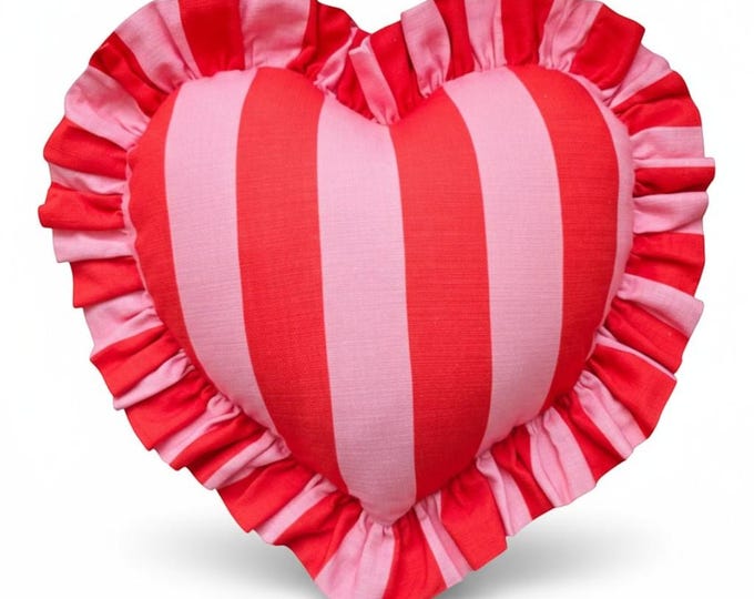 Colorful Ruffle Heart Pillow – Handmade Linen Striped Cushion