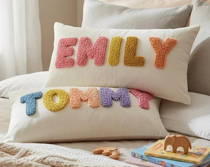 Custom Punch Needle Name Pillow – Personalized Nursery & Kids Room Decor