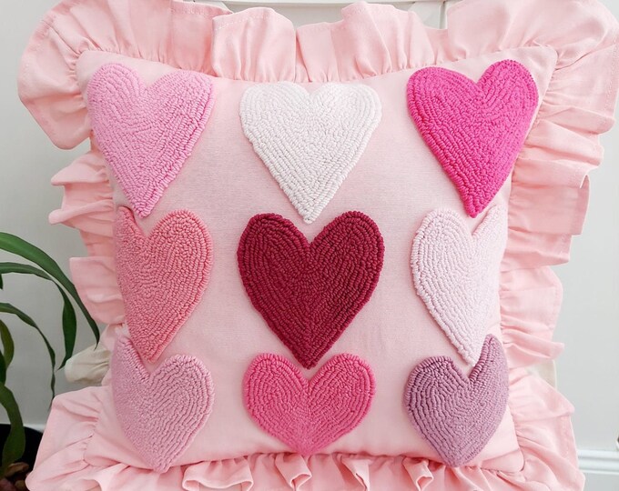 Handmade Pillow Cover - Pink Heart Ruffle Pillow - Ruffle Edge Pillow - Heart Embroidered Pillow Cover - Punch Embroidered Pink Heart Pillow