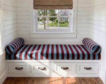 Custom Striped Velvet Bench Cushion – Coastal Window Seat Pad – 3" Thick Reading Nook Cushion