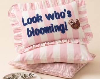 Personalized Embroidered Throw Pillow – Ruffled Striped Cushion - Custom Quote Decor - Handmade Punch Pillow