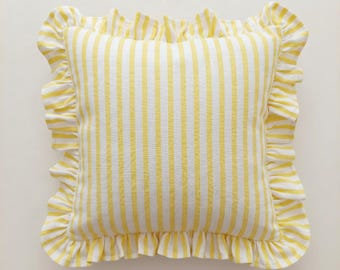 Bohemian Striped Linen Pillow with Ruffles - Striped Farmhouse Cushion - Cottagecore Decor