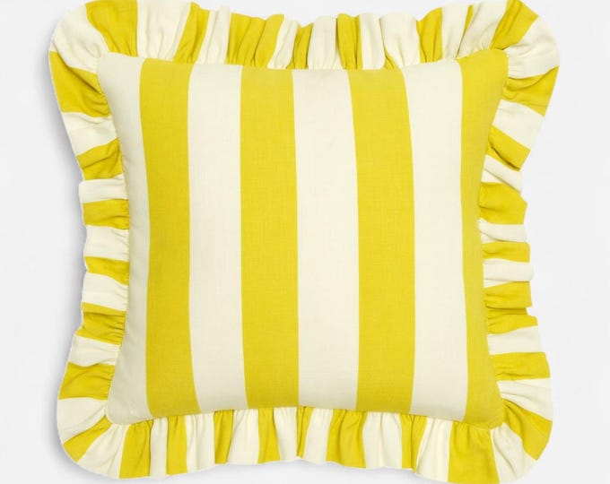 Bohemian Striped Linen Pillow with Ruffles - Ruffled Cushion - Modern and Farmhouse Chic Decor