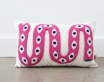 Handmade Snake Pillow Cover - Punch Embroidered Boho Cushion - Colorful Decorative Throw Pillow